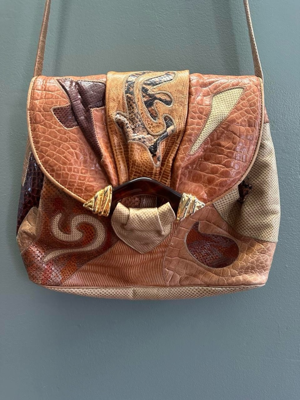 Vintage Sharif Exotic Embossed Patchwork  Tan and Brown Leather Purse